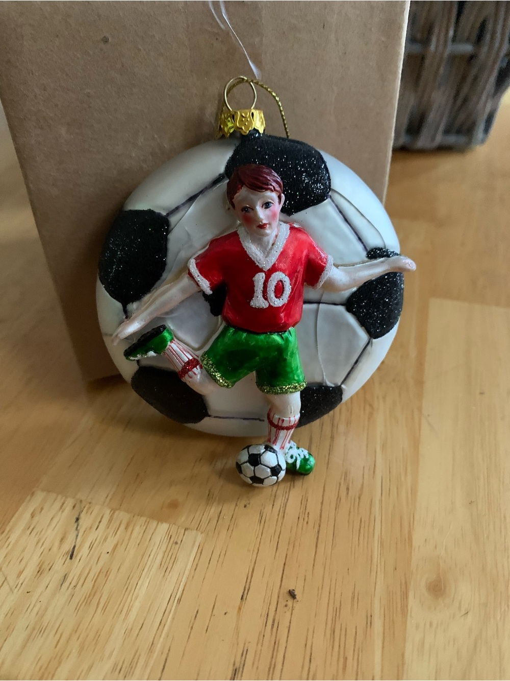 Holiday Soccer Player Ornament in Red, Green and Black